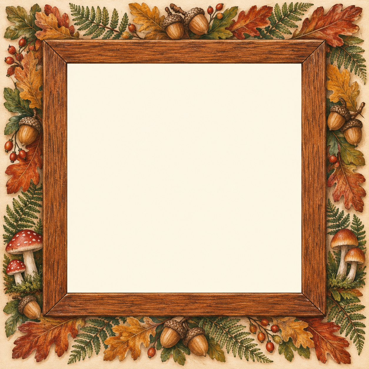 Honey wooden frame surrounded by russet leaves, acorns and woodland mushrooms