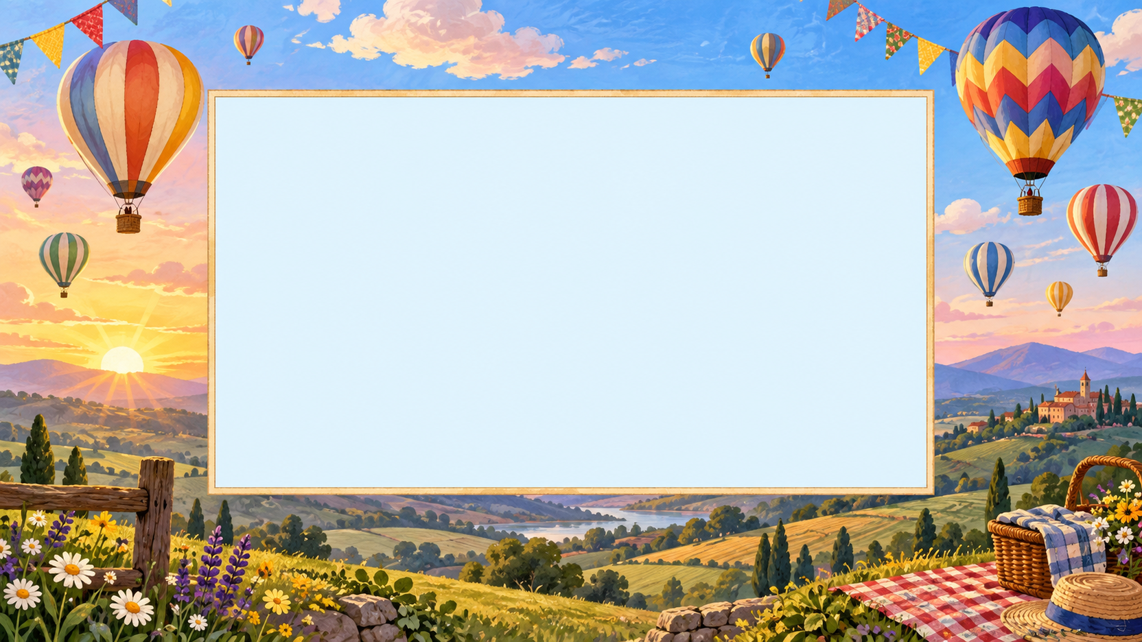 Panoramic hot-air-balloon festival above rolling hills with a blank wide photo opening