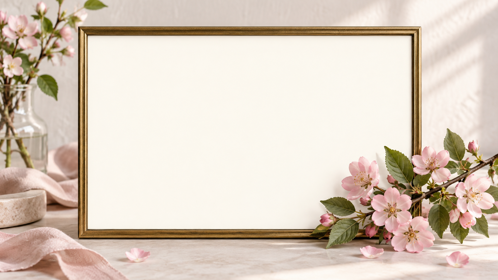 Antique brass frame with a blank opening and pink blossoms crossing its lower corner