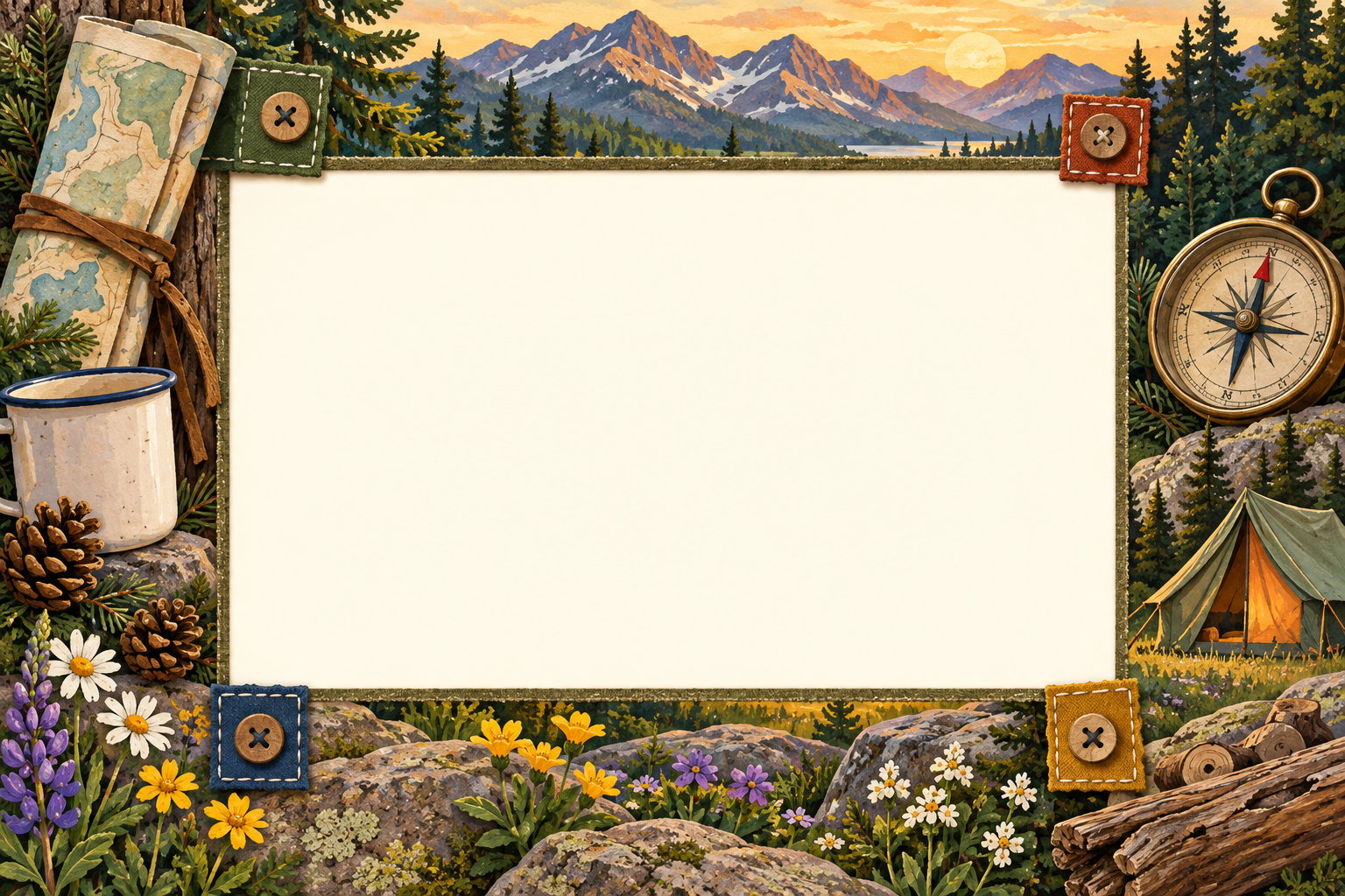 Mountain camping journal with a map, compass, wildflowers and a blank wide photo opening
