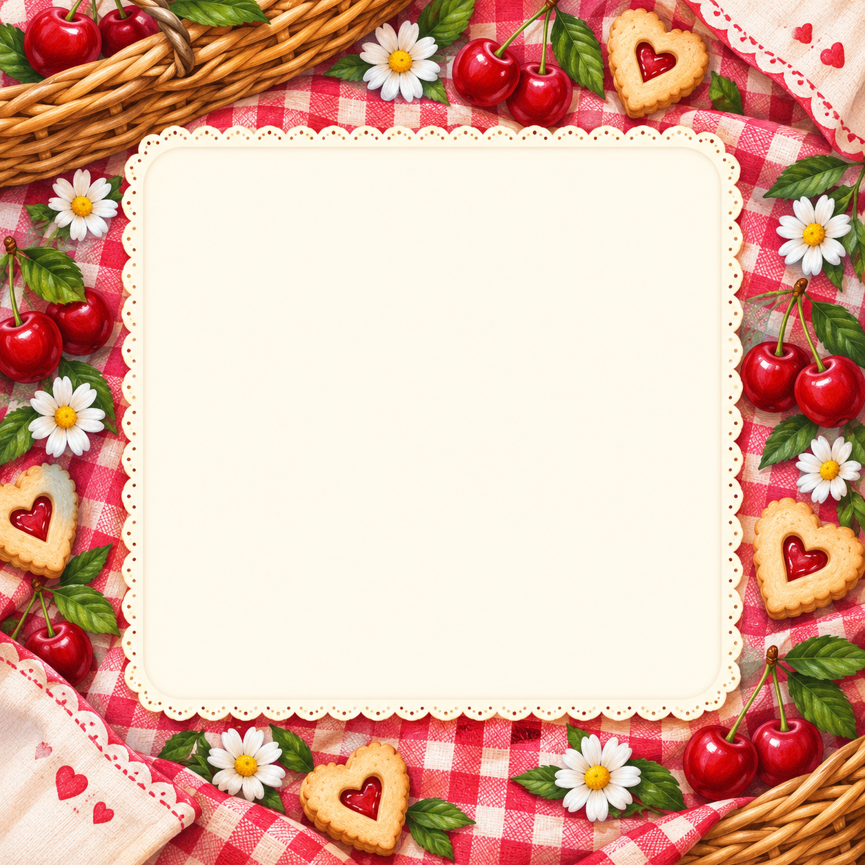 Red gingham picnic frame with cherries, daisies and heart-shaped biscuits
