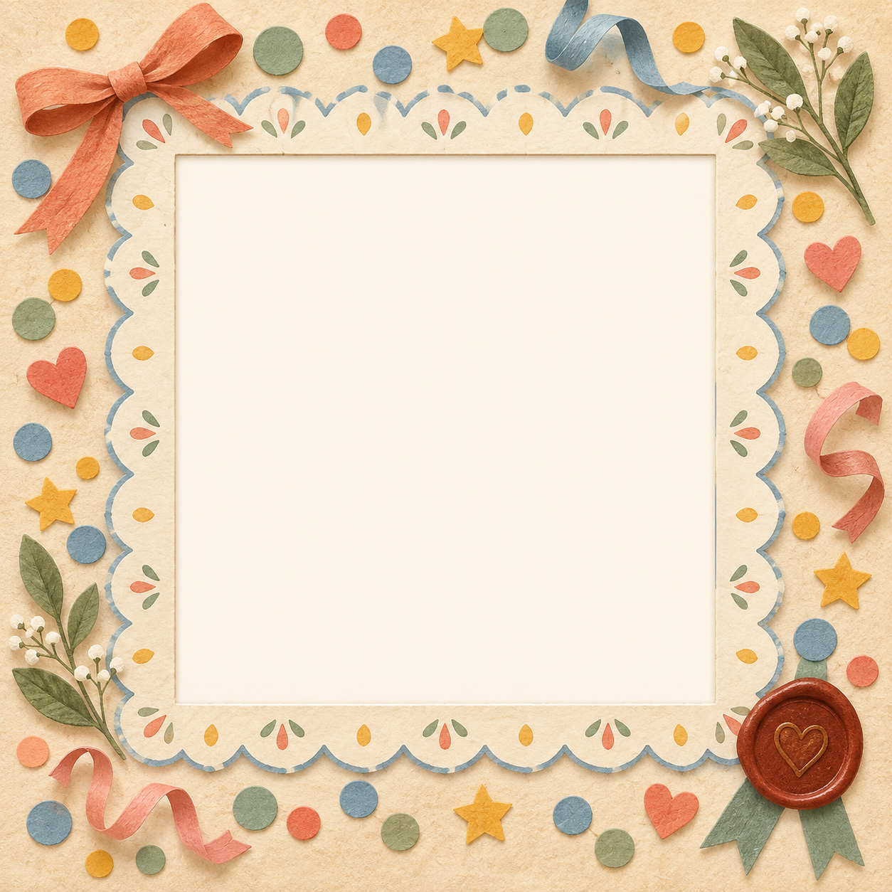 Cream paper postcard with ribbons, confetti and a wide blank photo opening