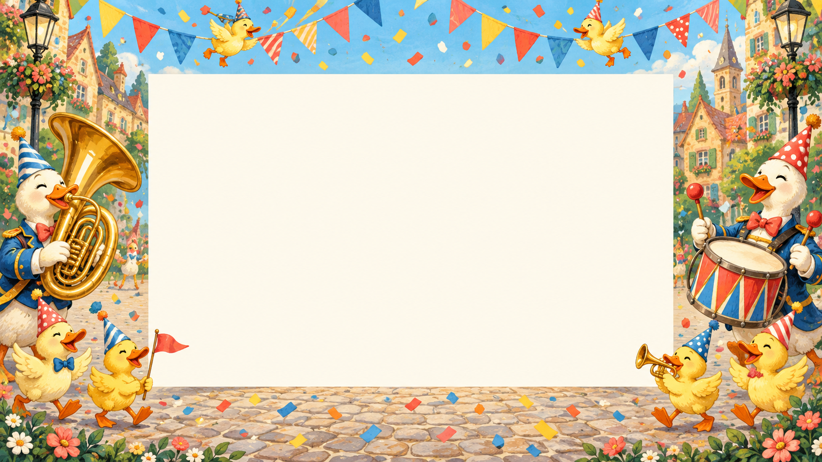 Panoramic parade of party-hat ducks surrounding a blank photo opening