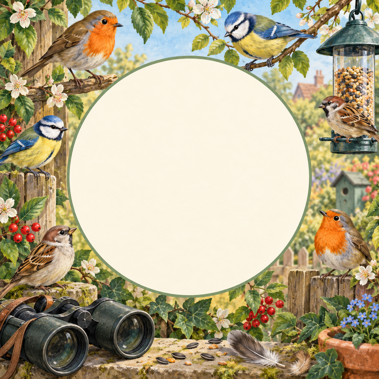 Garden birds, binoculars and spring blossom around a blank circular photo opening
