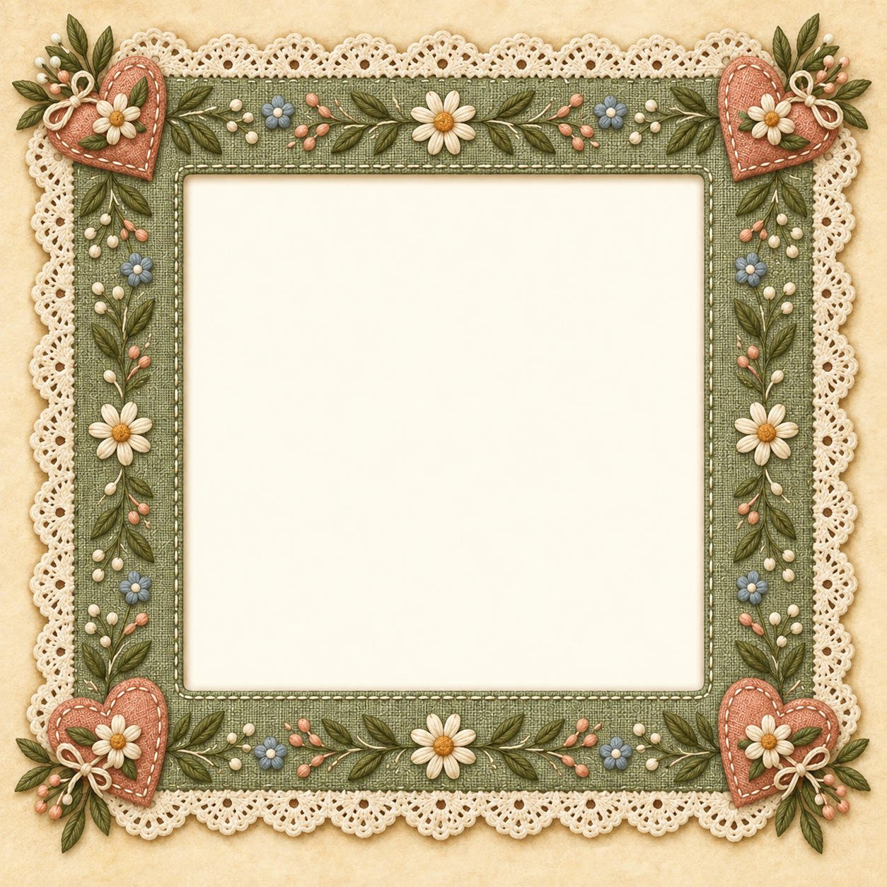 Sage linen frame with embroidered daisies and blue flowers, peach corner patches and cream lace