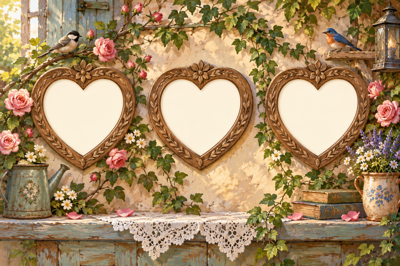 Three heart frames among climbing roses and garden birds.