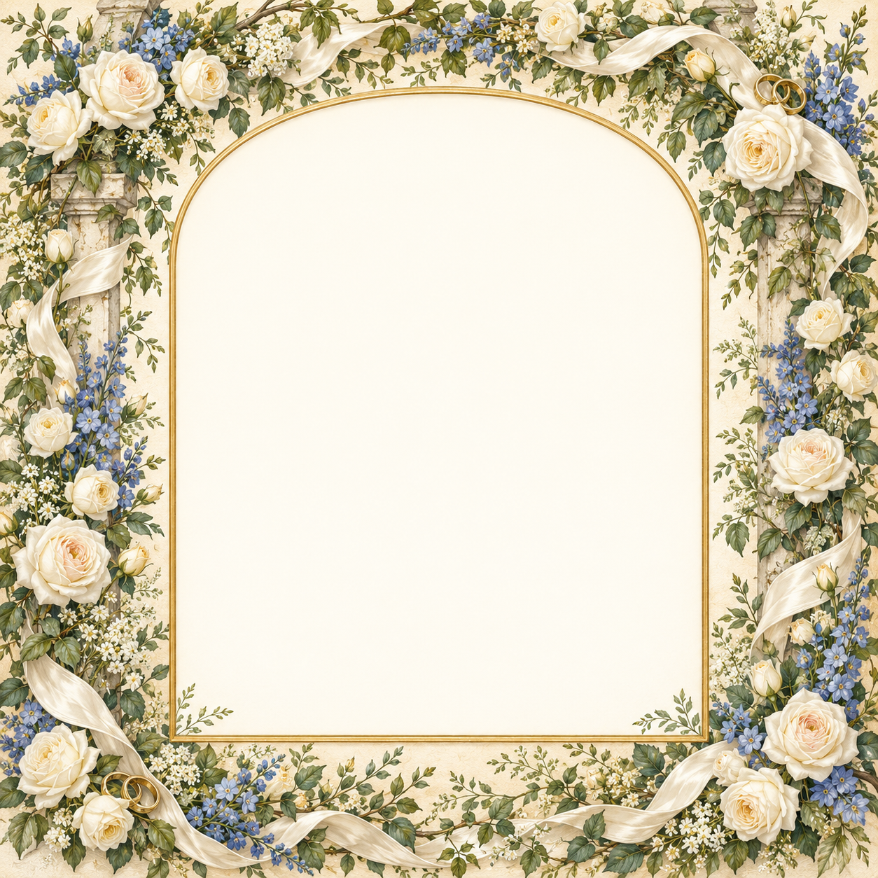 Elegant arched wedding frame with white roses, blue flowers and ivory silk ribbons