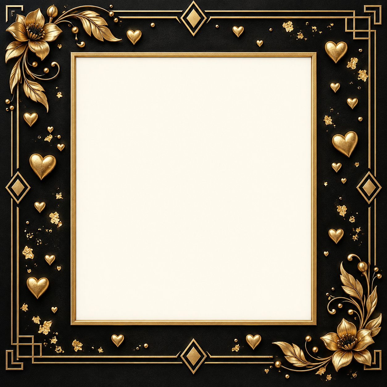 Black and gold art deco frame with gilded hearts and a large square photo opening