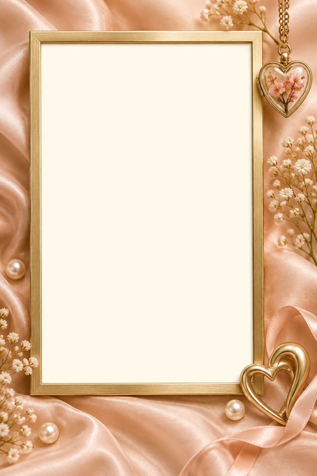 Tall gold frame on peach silk with a flower locket and gold heart
