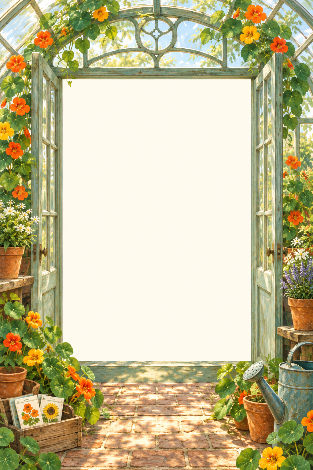 Sunlit vintage greenhouse doorway with nasturtiums and a blank portrait opening