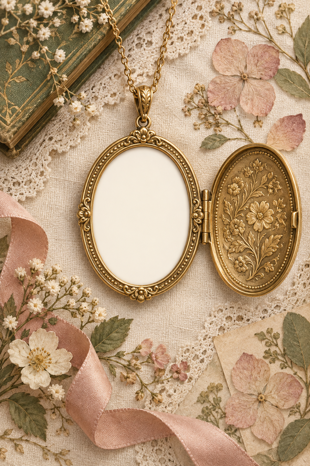 Open gold oval locket on linen with pressed flowers and a blank photo opening
