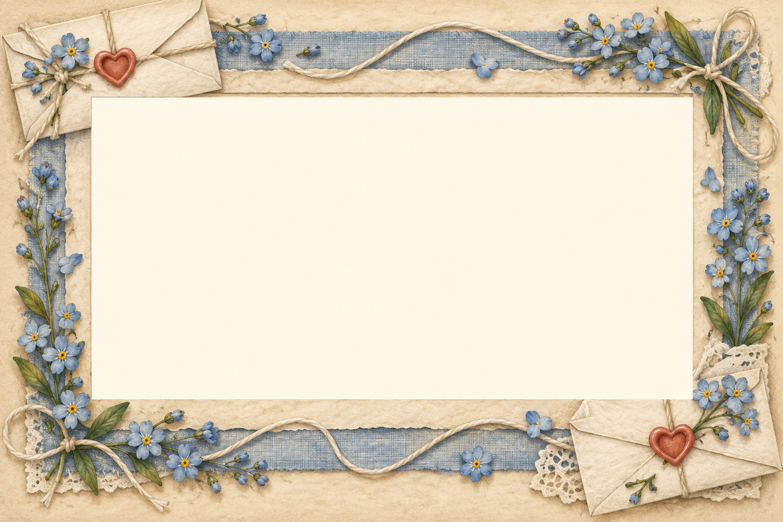 Wide blue linen and paper frame with love letters and forget-me-not flowers