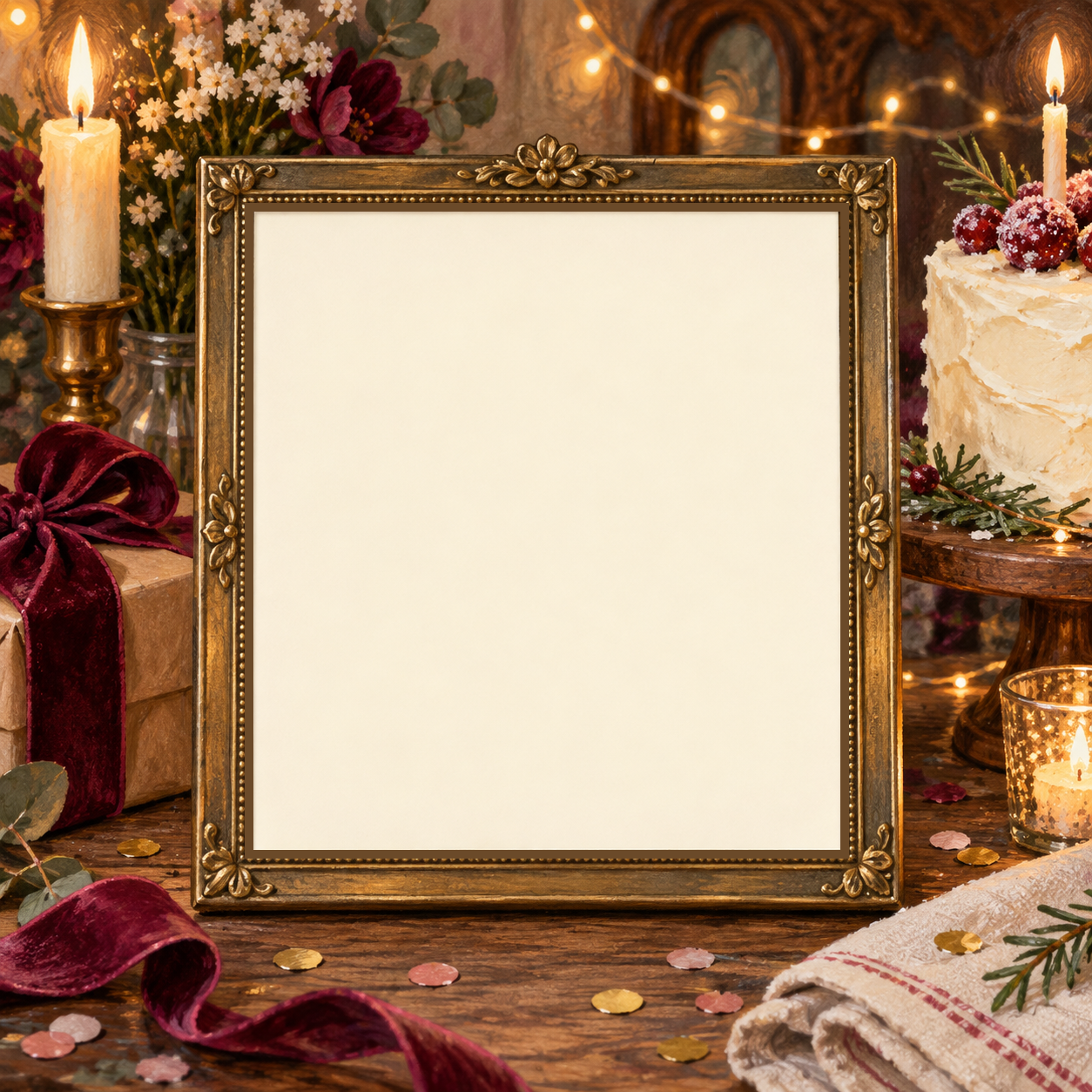 Little celebration illustrated scene with a blank photo opening