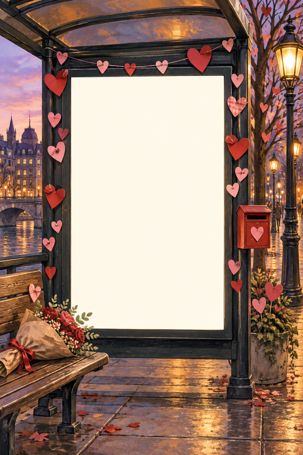 Tall city bus stop with paper hearts, a bouquet and a blank photo display