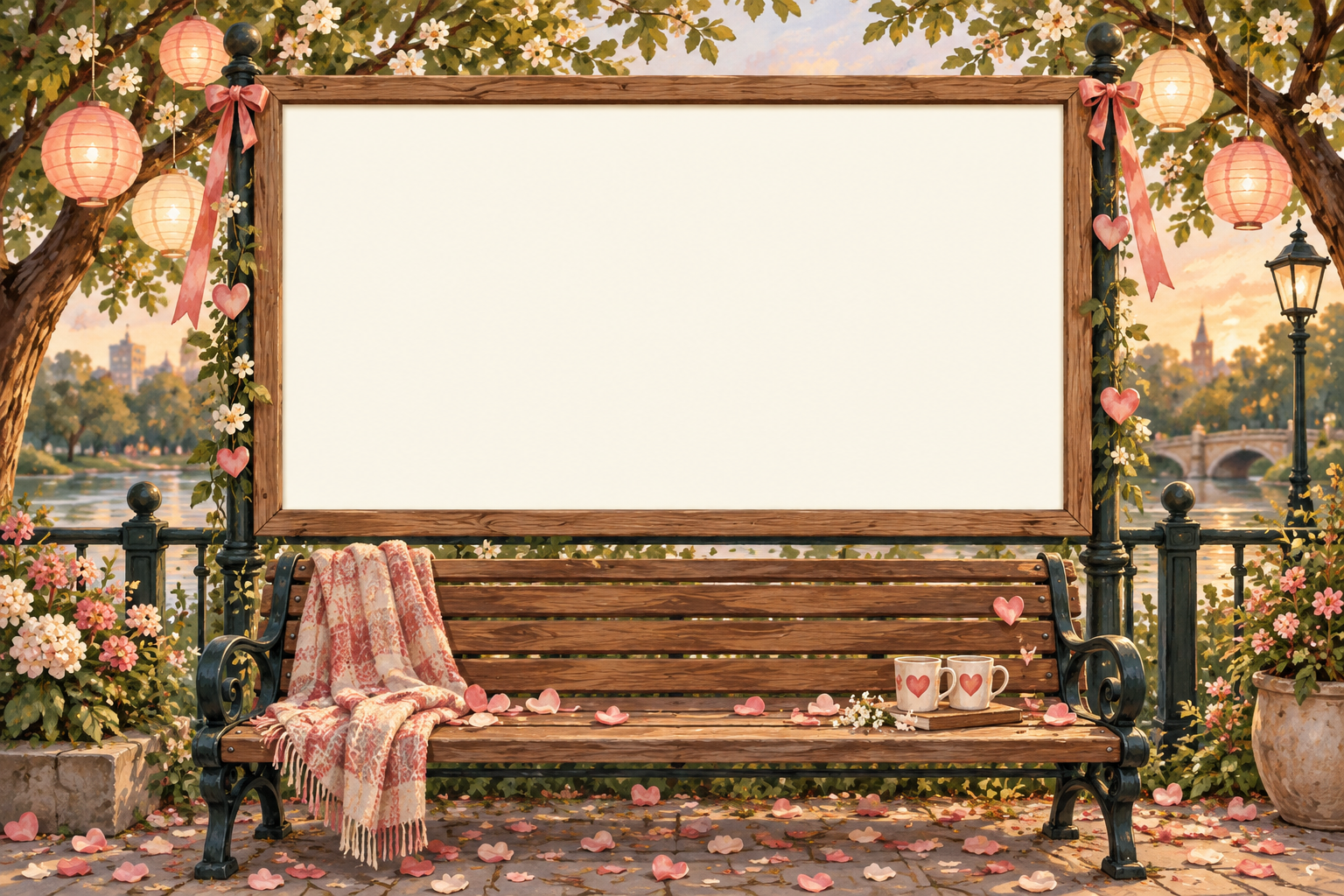 Wide park bench under blossoms with a large blank photo display above it