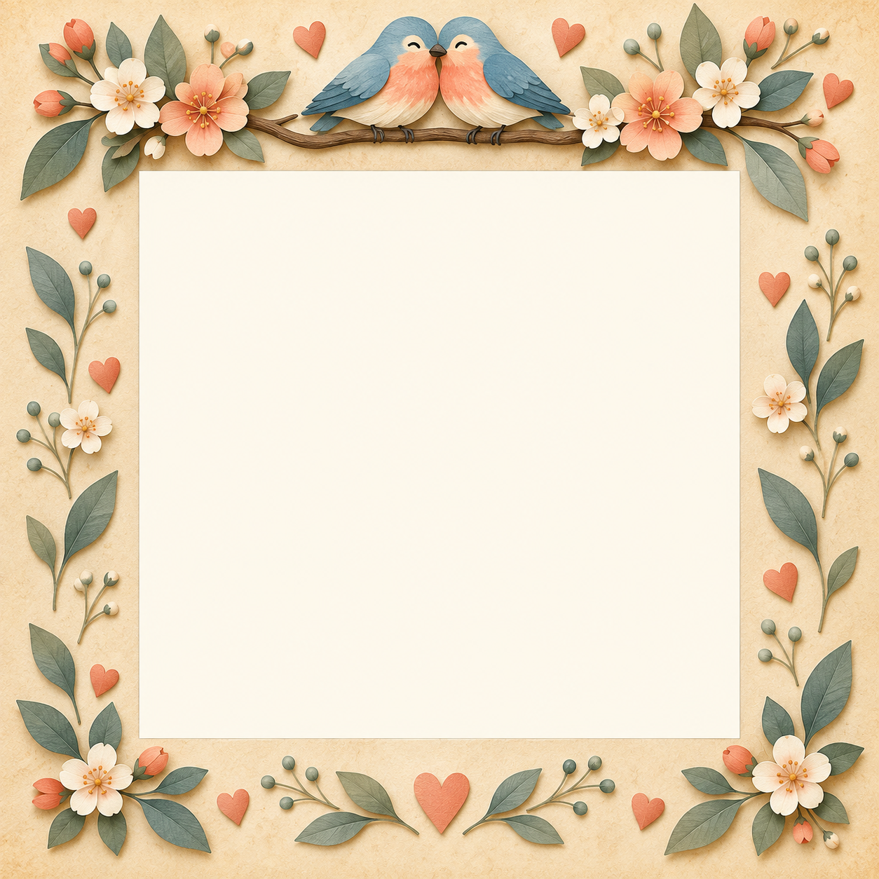 Square paper-cut frame with two affectionate birds, blossoms and little hearts
