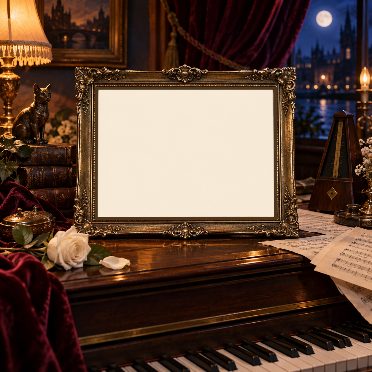 Midnight jazz illustrated scene with a blank photo opening