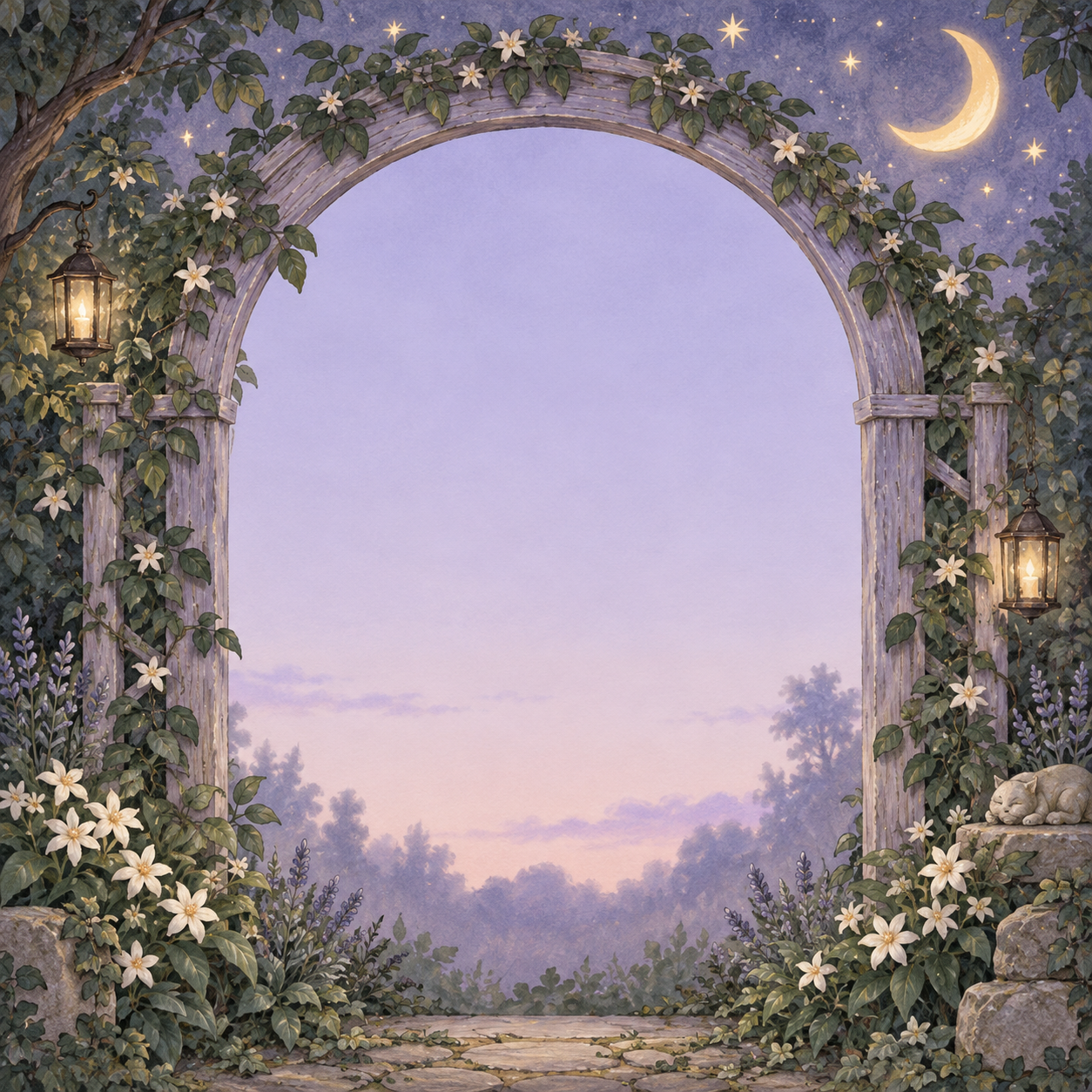 Lavender garden arch with a crescent moon, tiny stars and soft leafy flowers