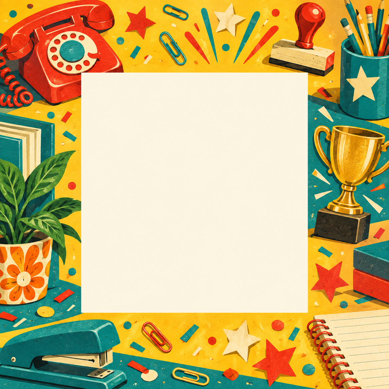 Bright retro office award scene with trophy, stationery and a blank photo opening