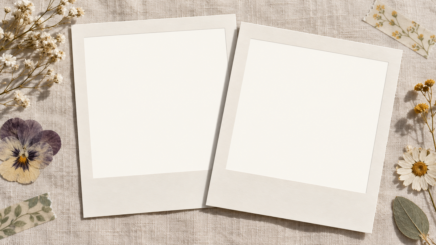 Two overlapping blank instant photos on linen with pressed flowers