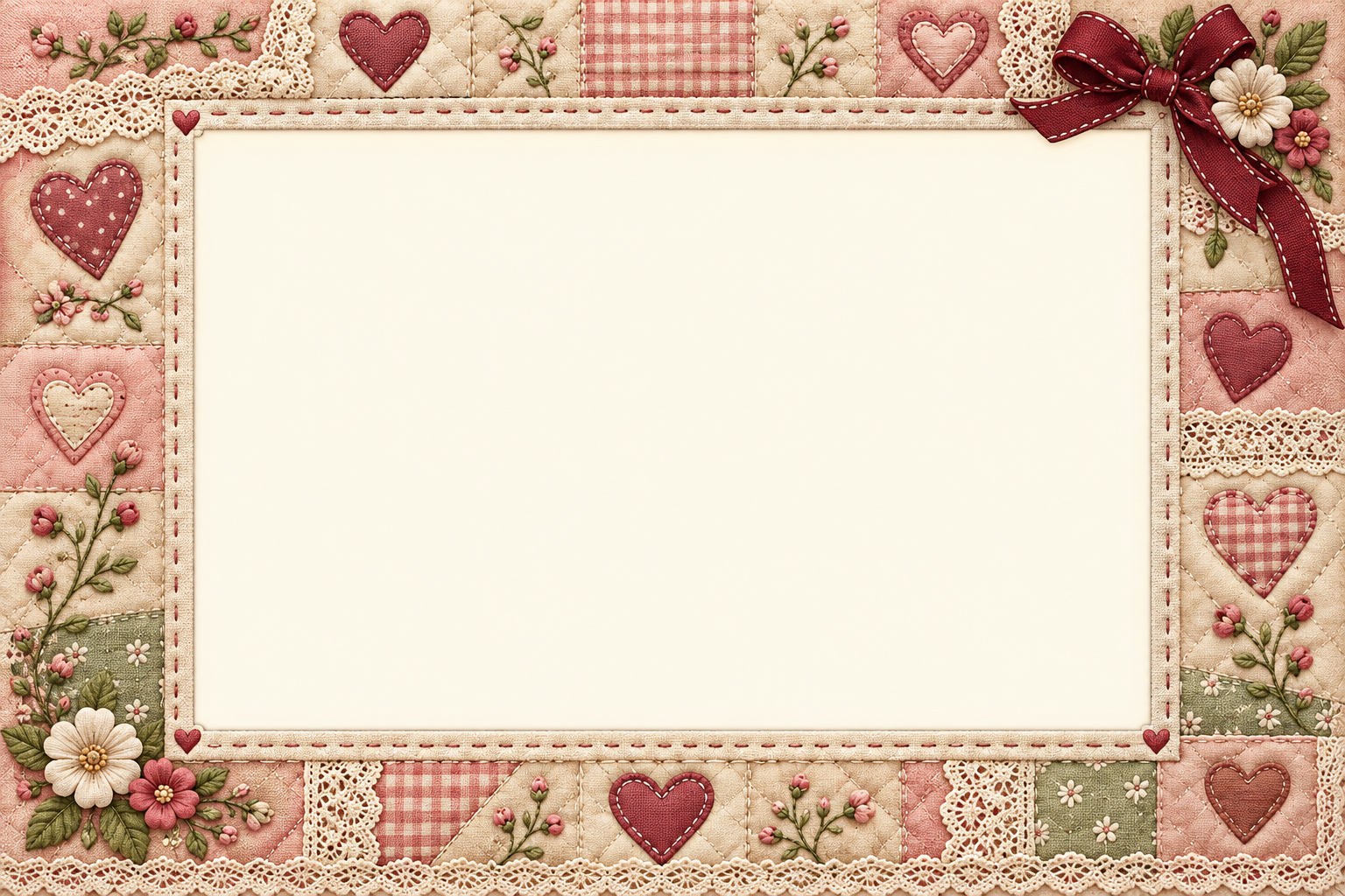 Soft pink heart quilt and lace around a wide blank photo opening