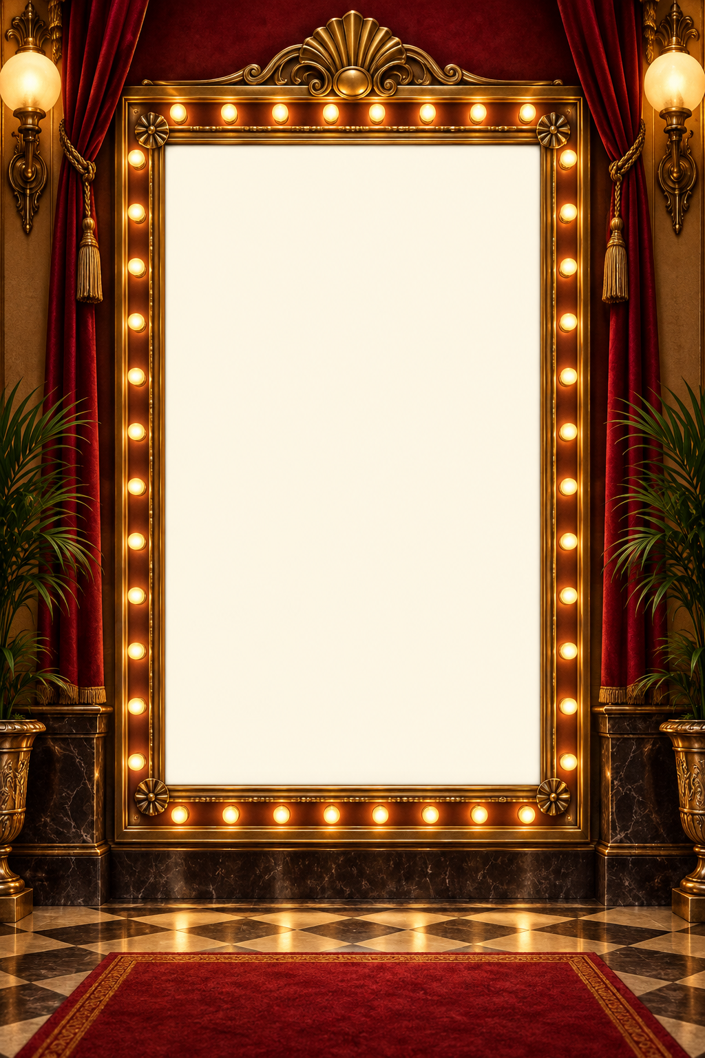 Vintage cinema poster case with red curtains, lights and a tall blank photo opening