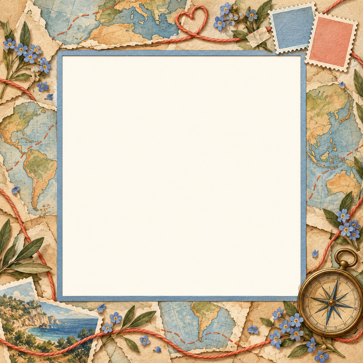 Travel scrapbook frame with maps, forget-me-nots, coral string and a brass compass