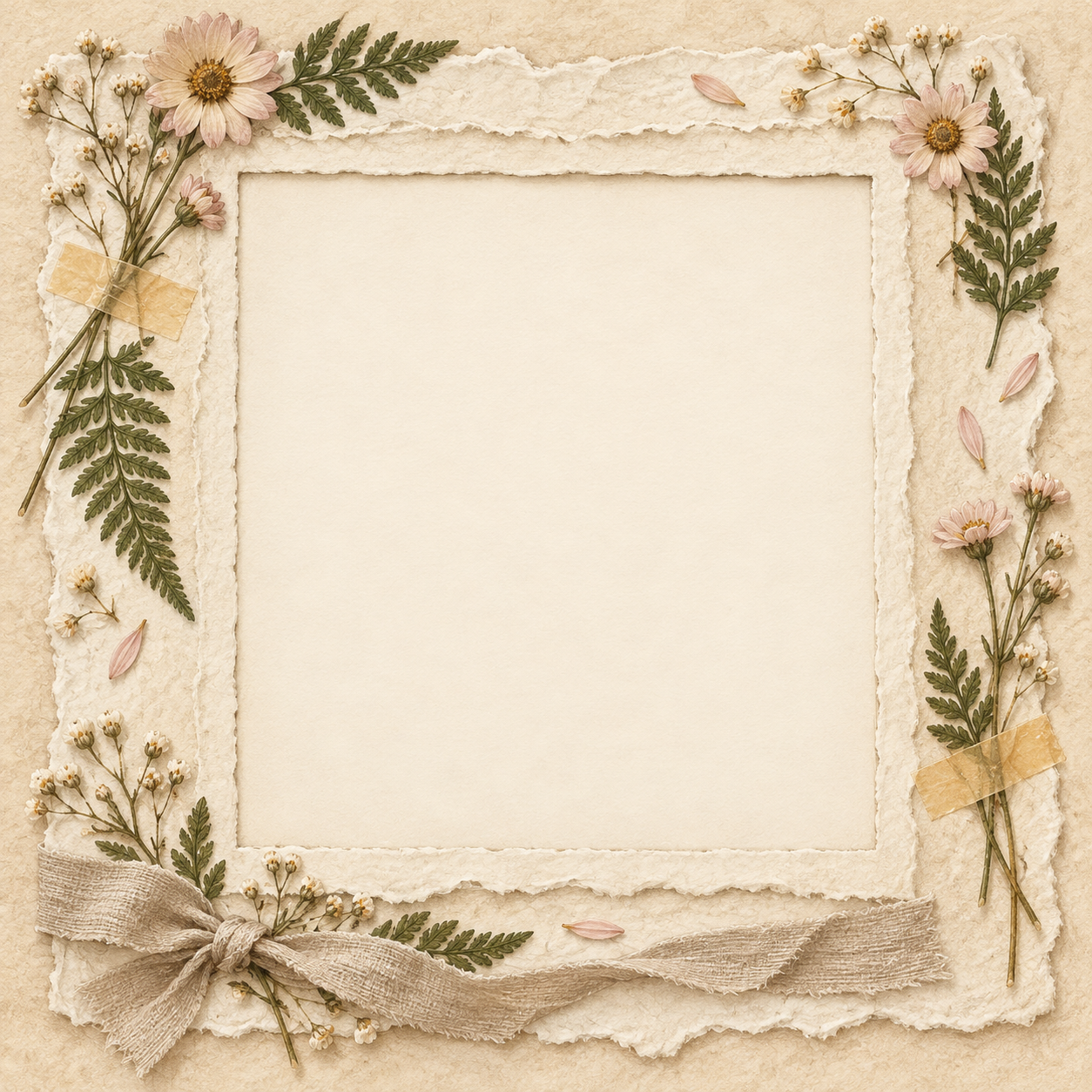Cream scrapbook frame decorated with pressed flowers, fern sprigs and washi tape