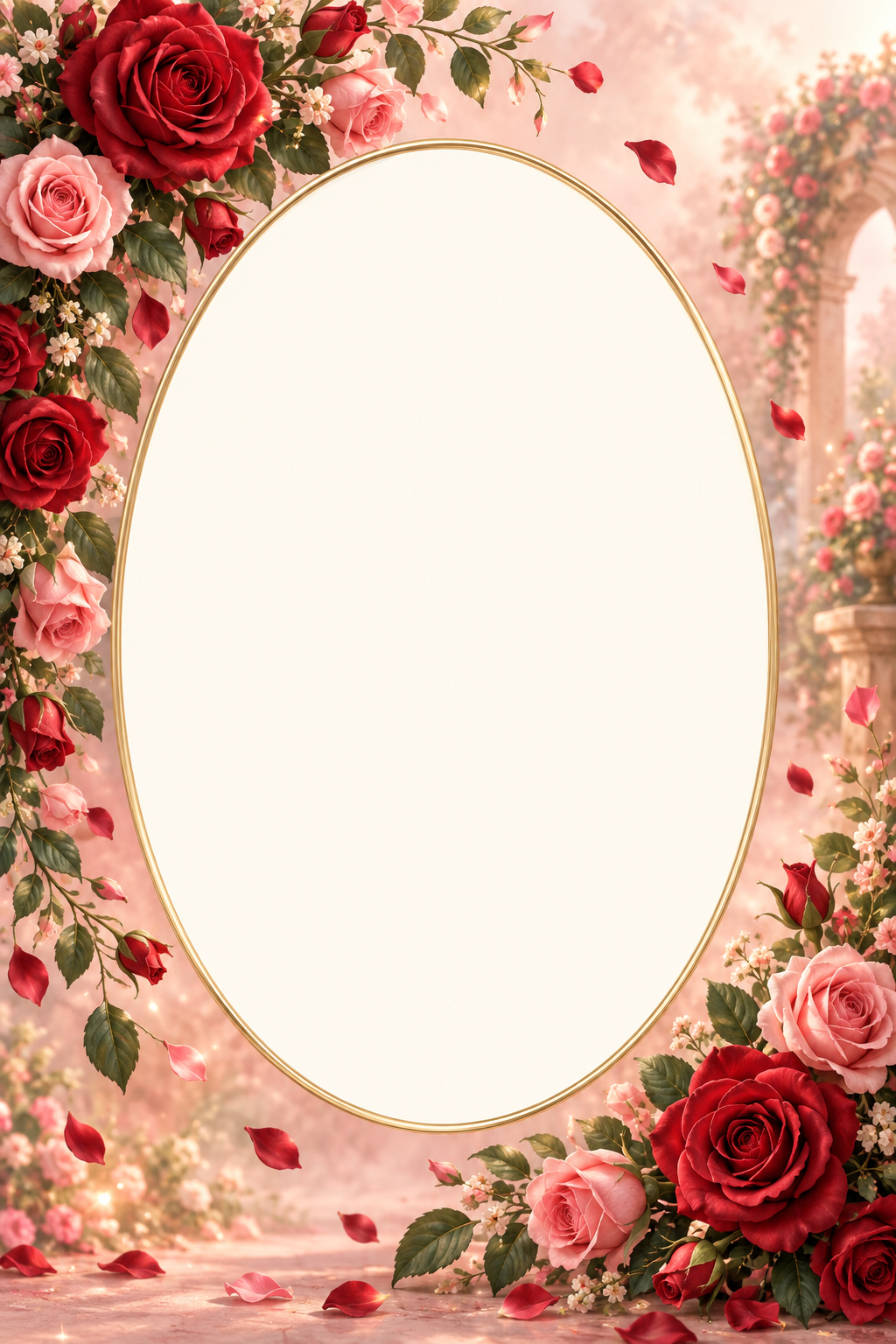 Tall rose garden frame with a generous gold-edged oval photo opening