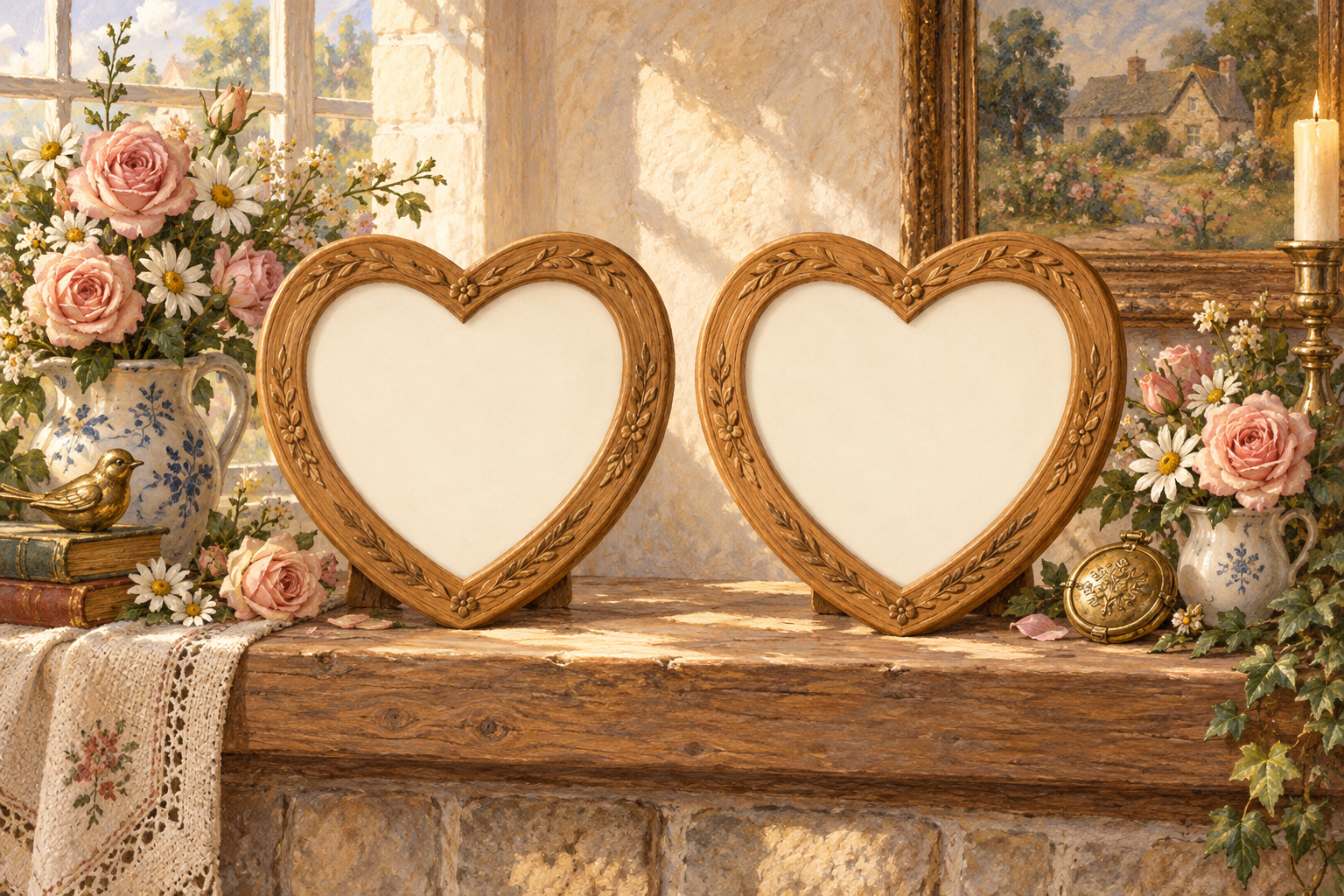 Two carved wooden hearts on a cottage mantel with roses and keepsakes.