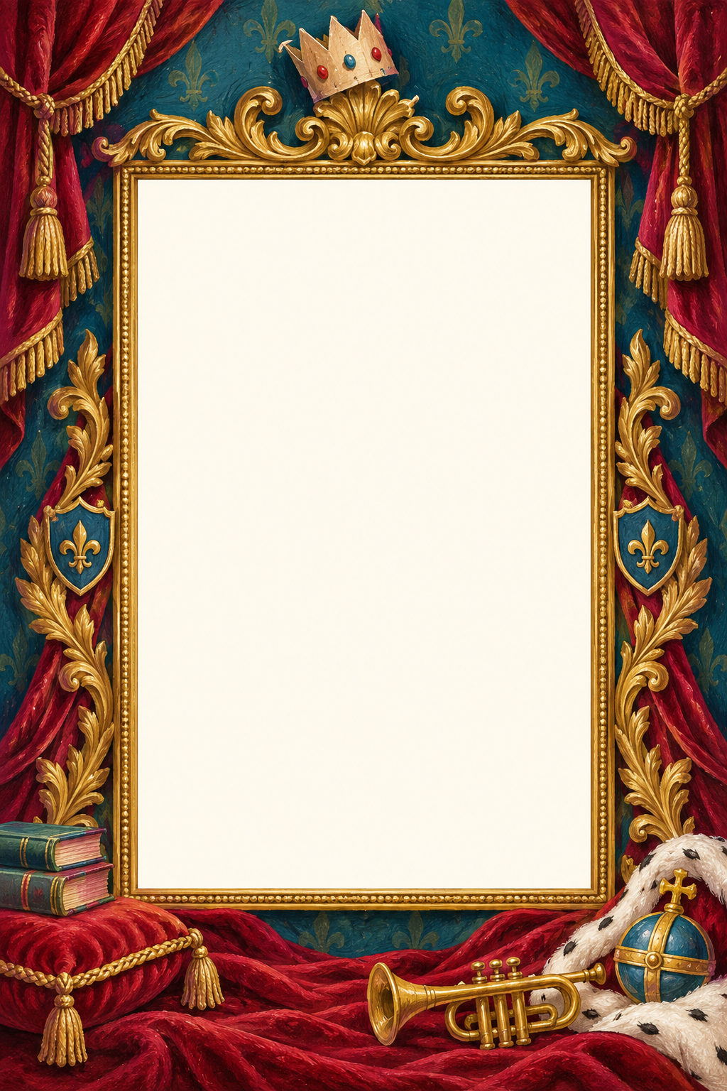 Tall royal portrait with a paper crown, velvet drapes and a blank photo opening