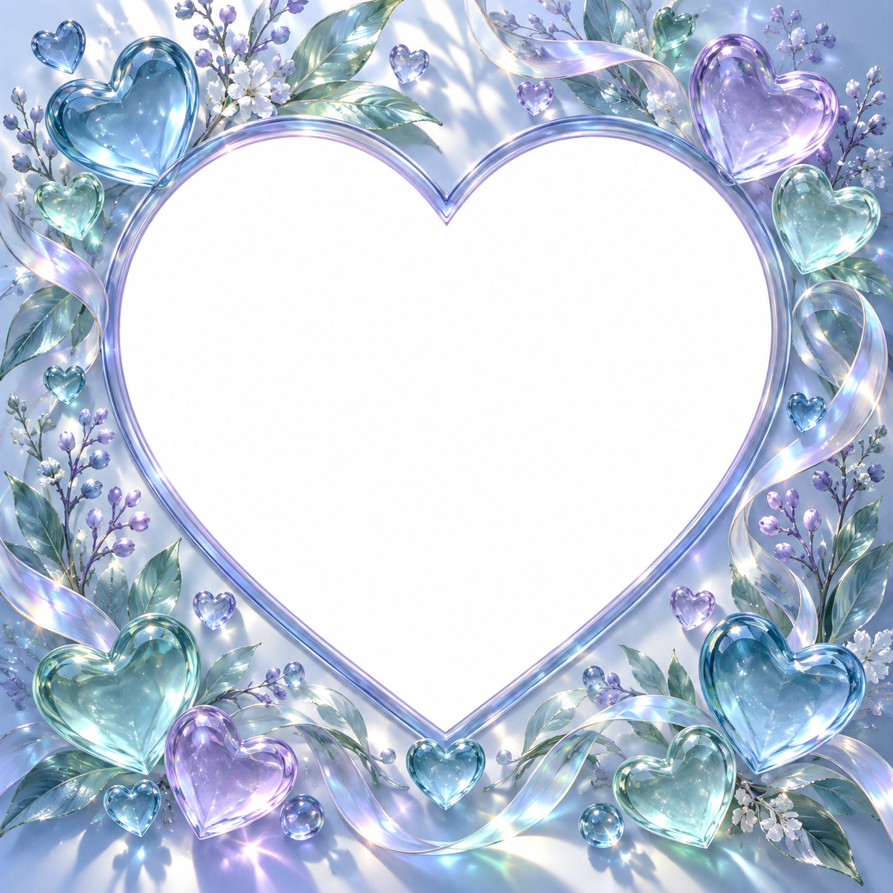 Cool blue and lavender glass hearts around a large heart-shaped photo opening