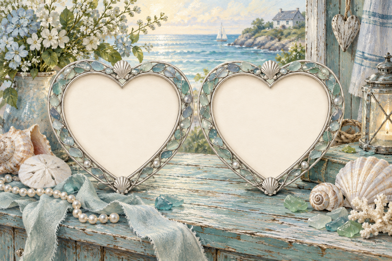 Two sea-glass heart frames beside shells and the shore.