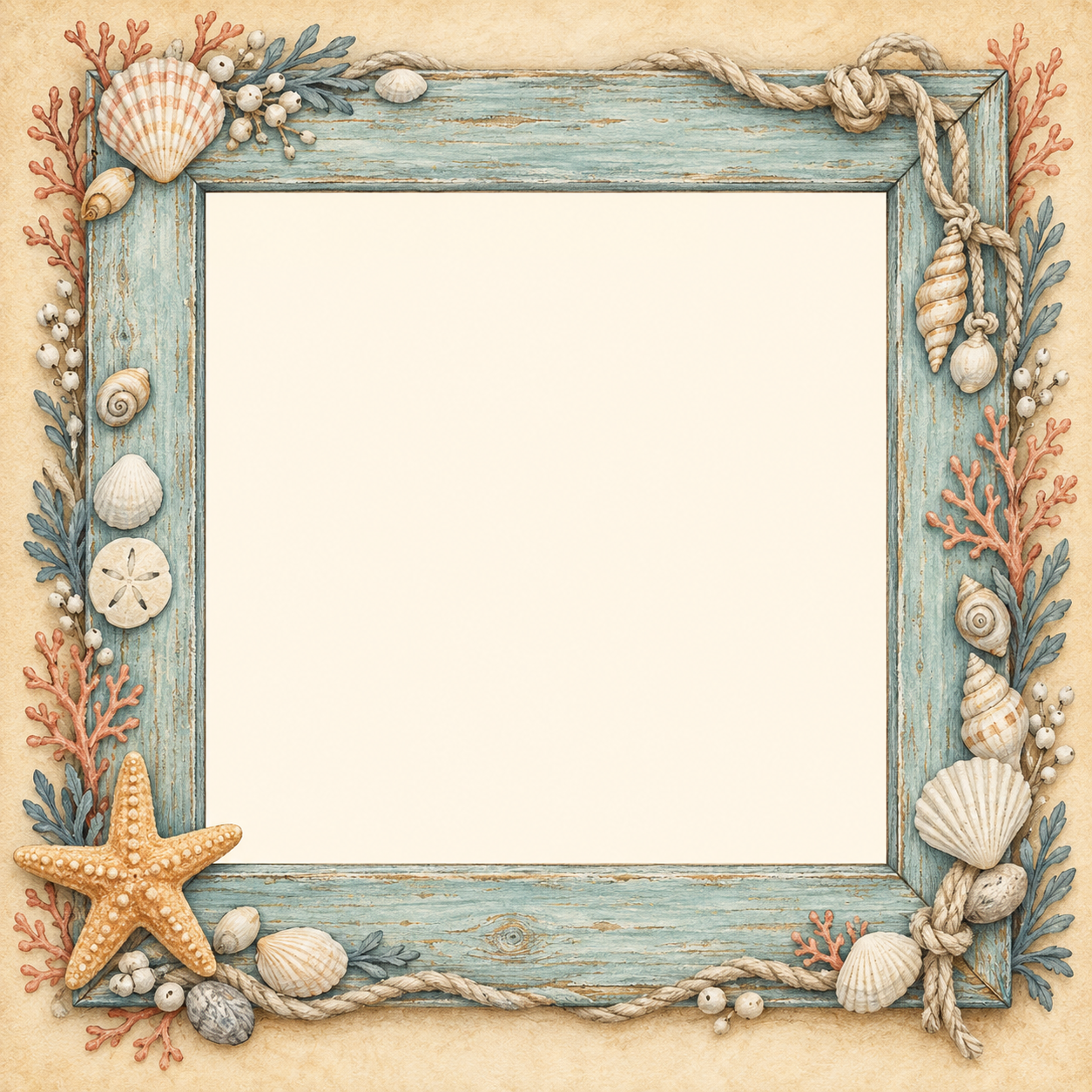 Seafoam wooden frame with shells, coral, linen rope and a starfish