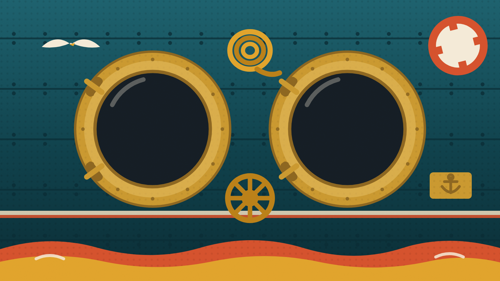 Teal ocean liner hull with two blank round brass portholes for two photos, rope, a gull and a ship's wheel