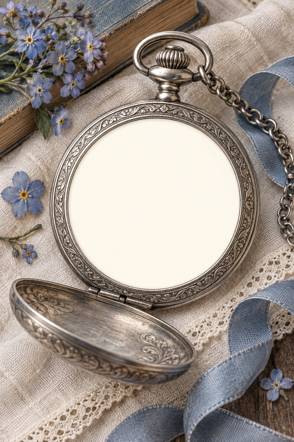 Silver pocket watch with a round blank photo opening and blue forget-me-nots
