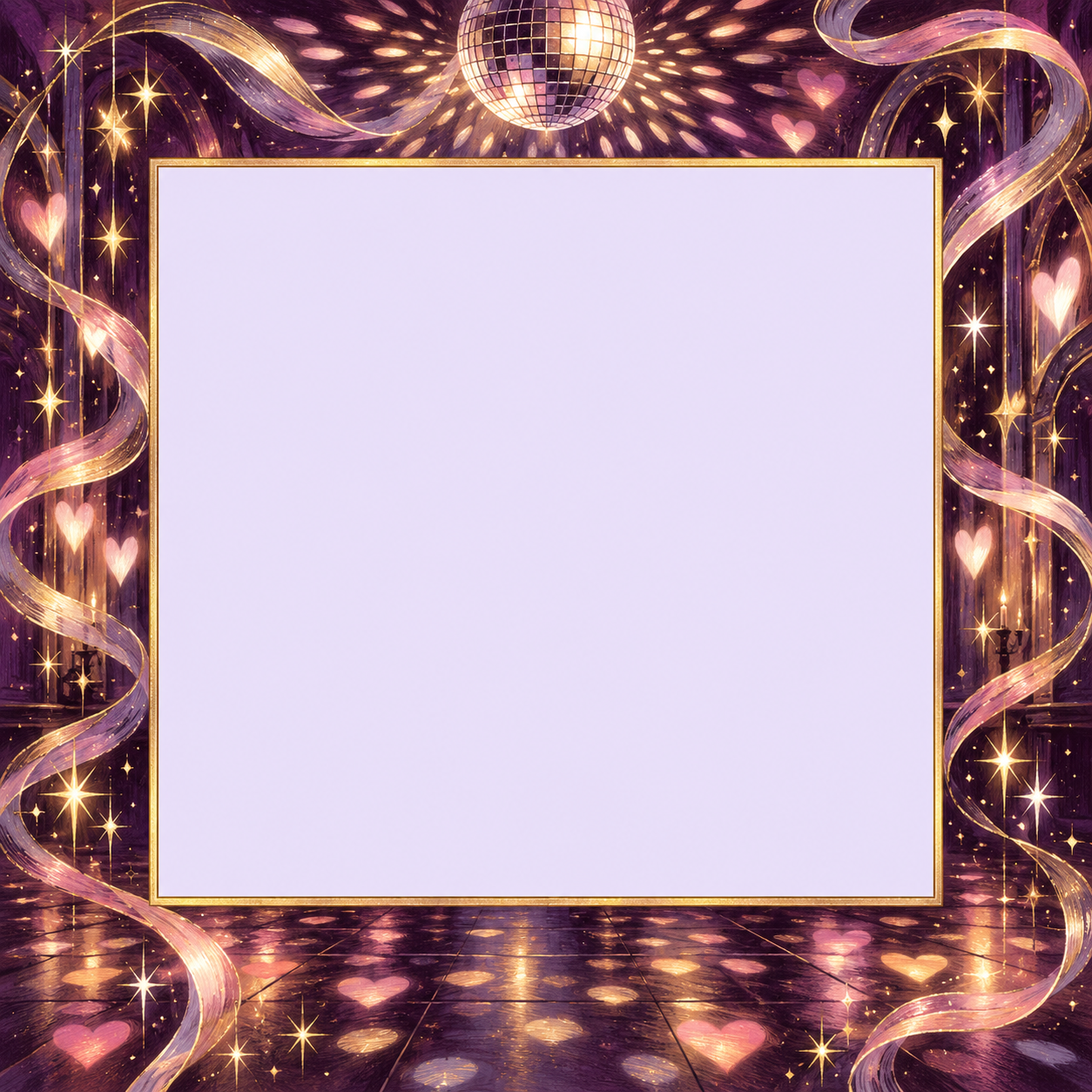 Midnight-purple disco frame with golden light ribbons, stars and a mirror ball