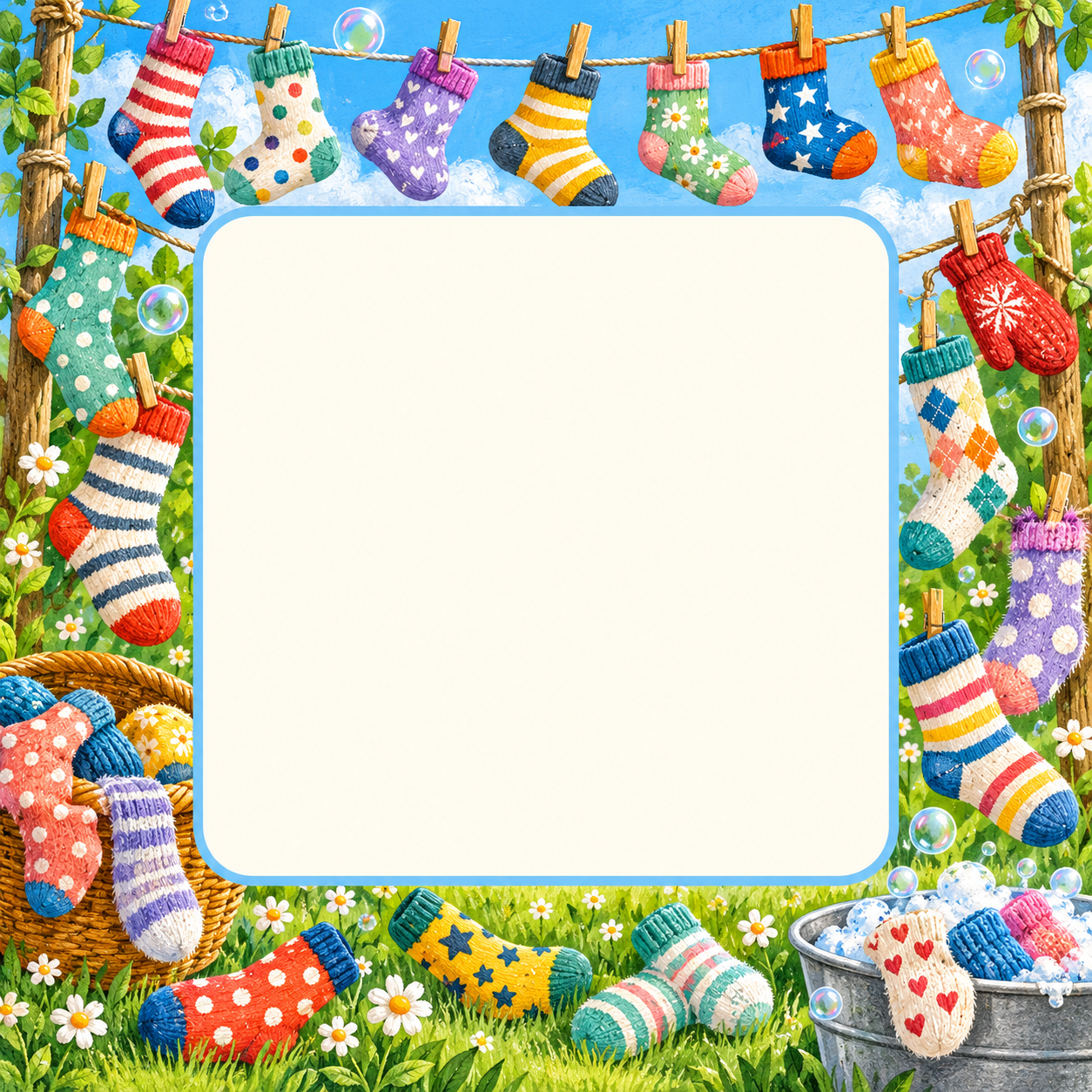 Funny laundry-day frame surrounded by colourful mismatched socks and soap bubbles