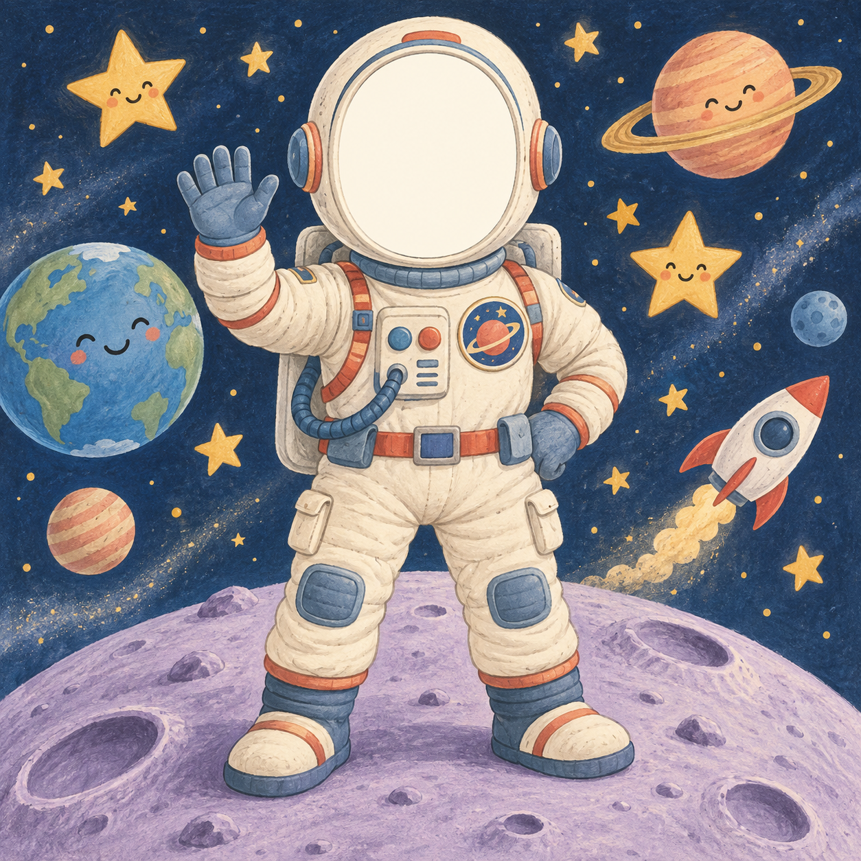 Illustrated astronaut on a moon with a blank oval helmet opening and smiling planets