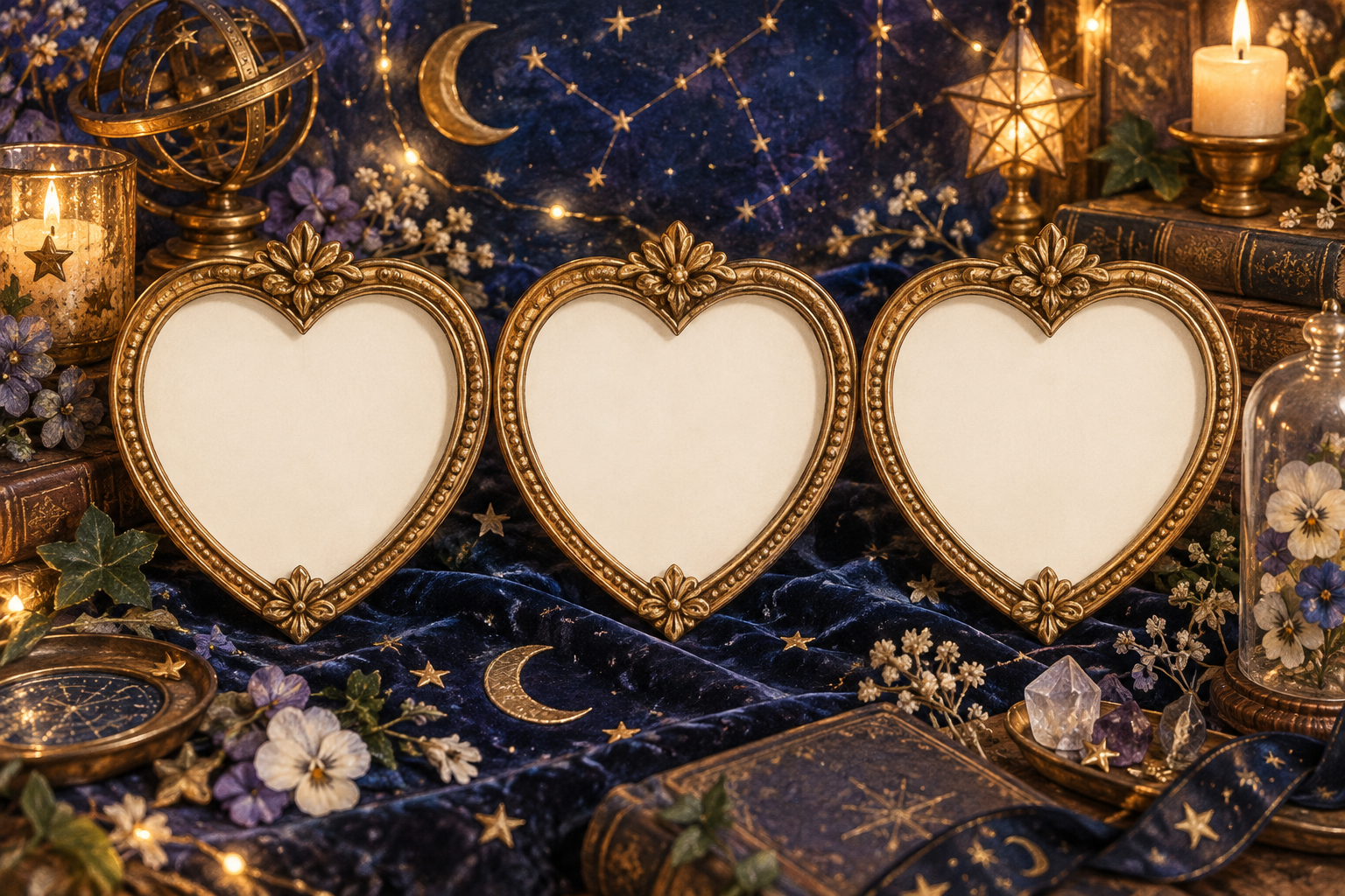 Three golden heart frames against a candlelit starry night.