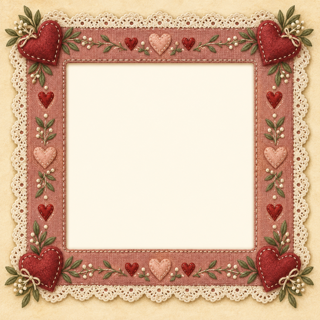 Dusty rose fabric frame with stitched red hearts, cream lace and little sage sprigs