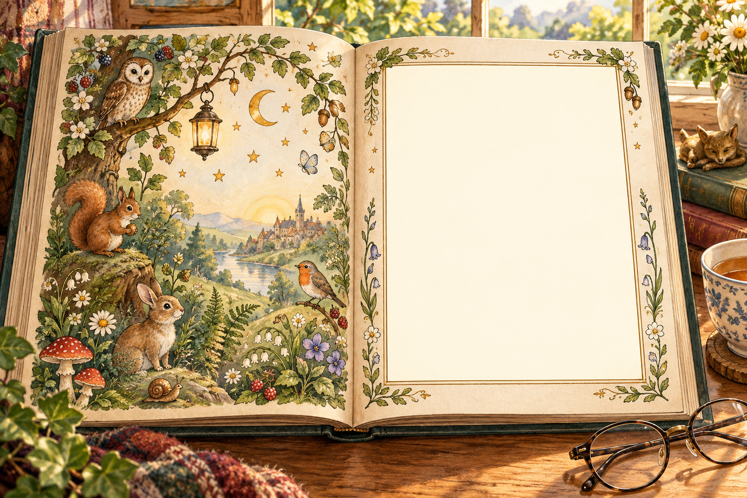Open storybook with woodland illustrations and a blank photo space on the right page