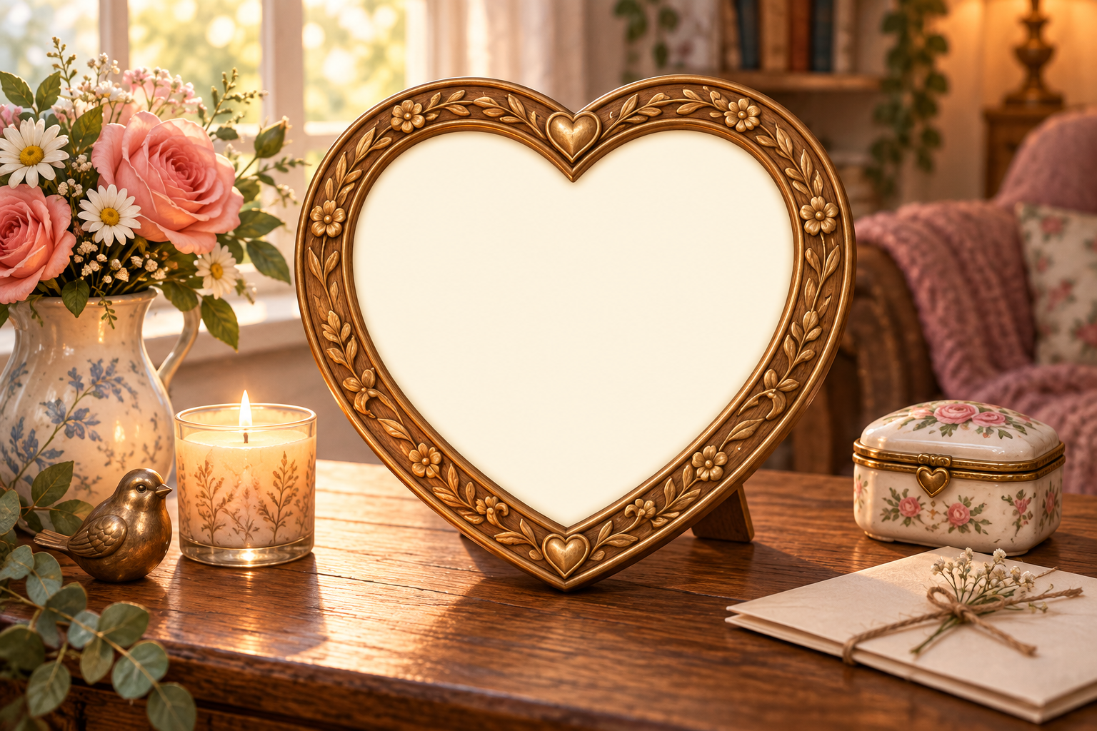 Heart-shaped golden picture frame on a table among flowers, a candle and keepsakes