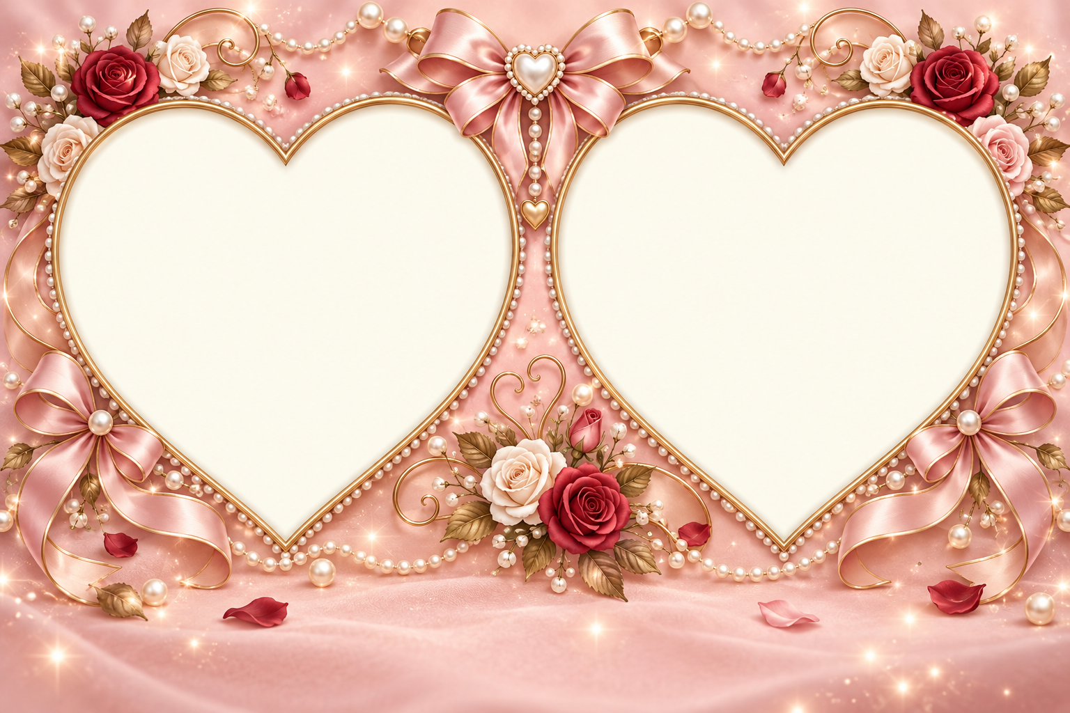 Wide blush frame with two separate pearl-edged heart photo openings