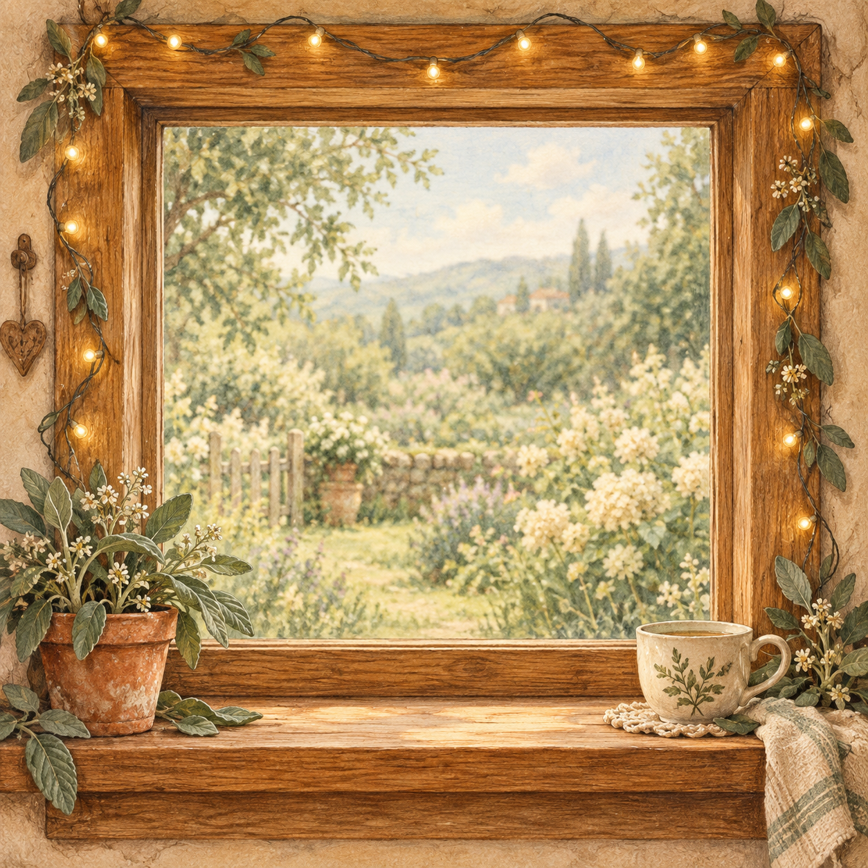 Illustrated wooden cottage window, warm fairy lights and leafy plants around a peaceful garden opening