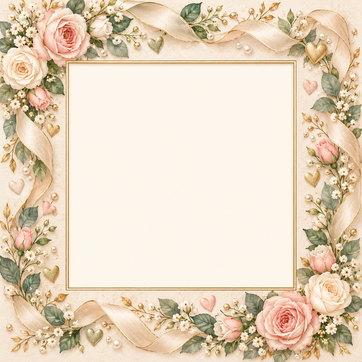Square ivory wedding frame with blush roses, champagne ribbons and little golden hearts