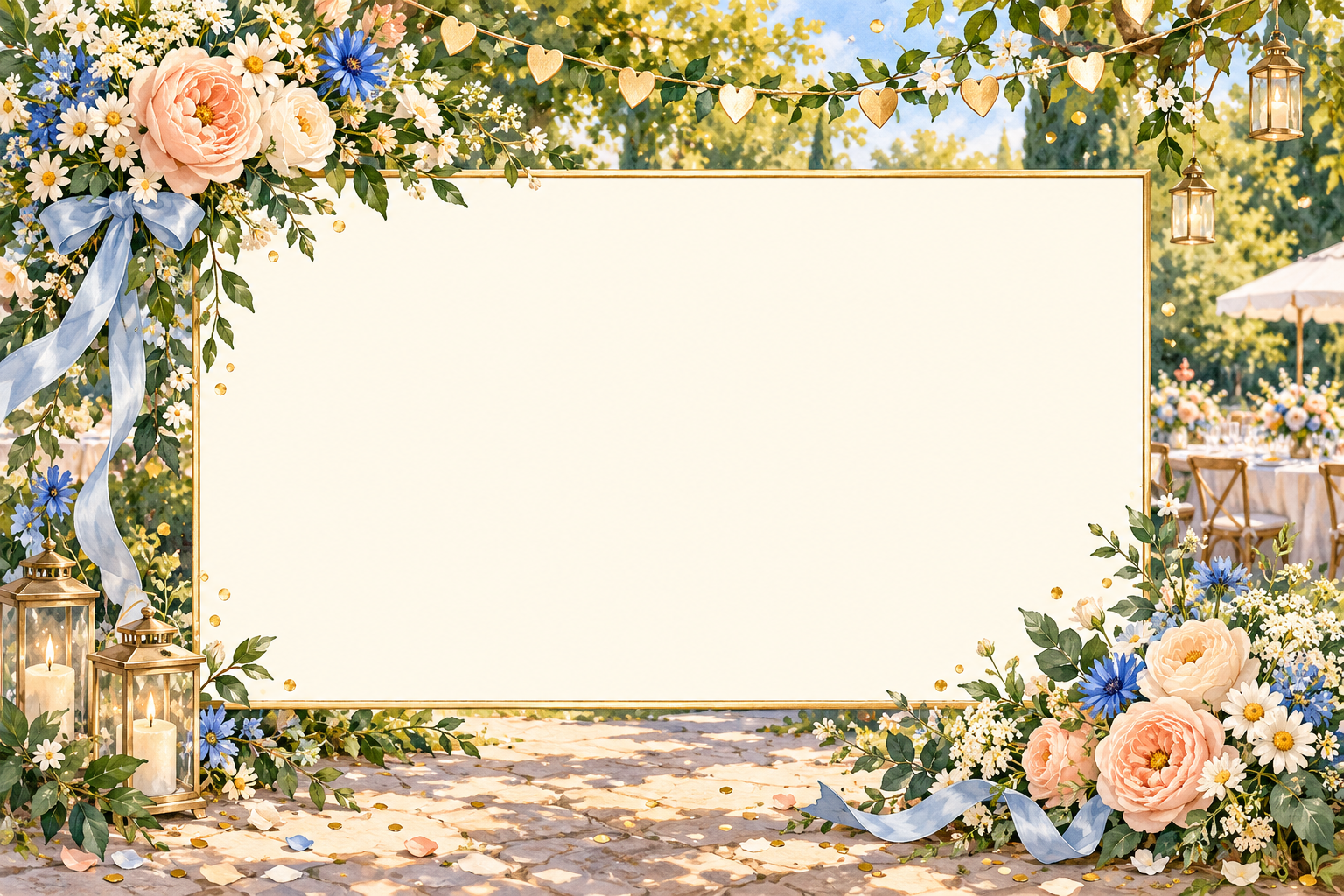 Wide sunlit garden wedding frame with meadow flowers, blue ribbons and a heart garland