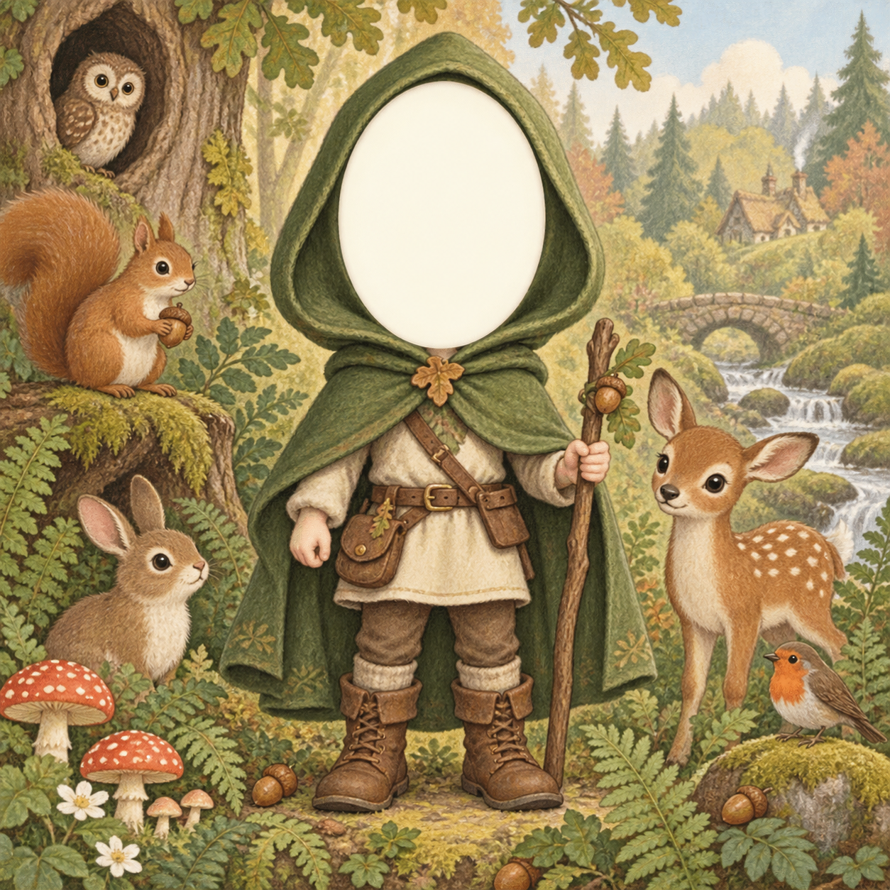 Illustrated cloaked woodland adventurer with a blank oval face opening and animal friends