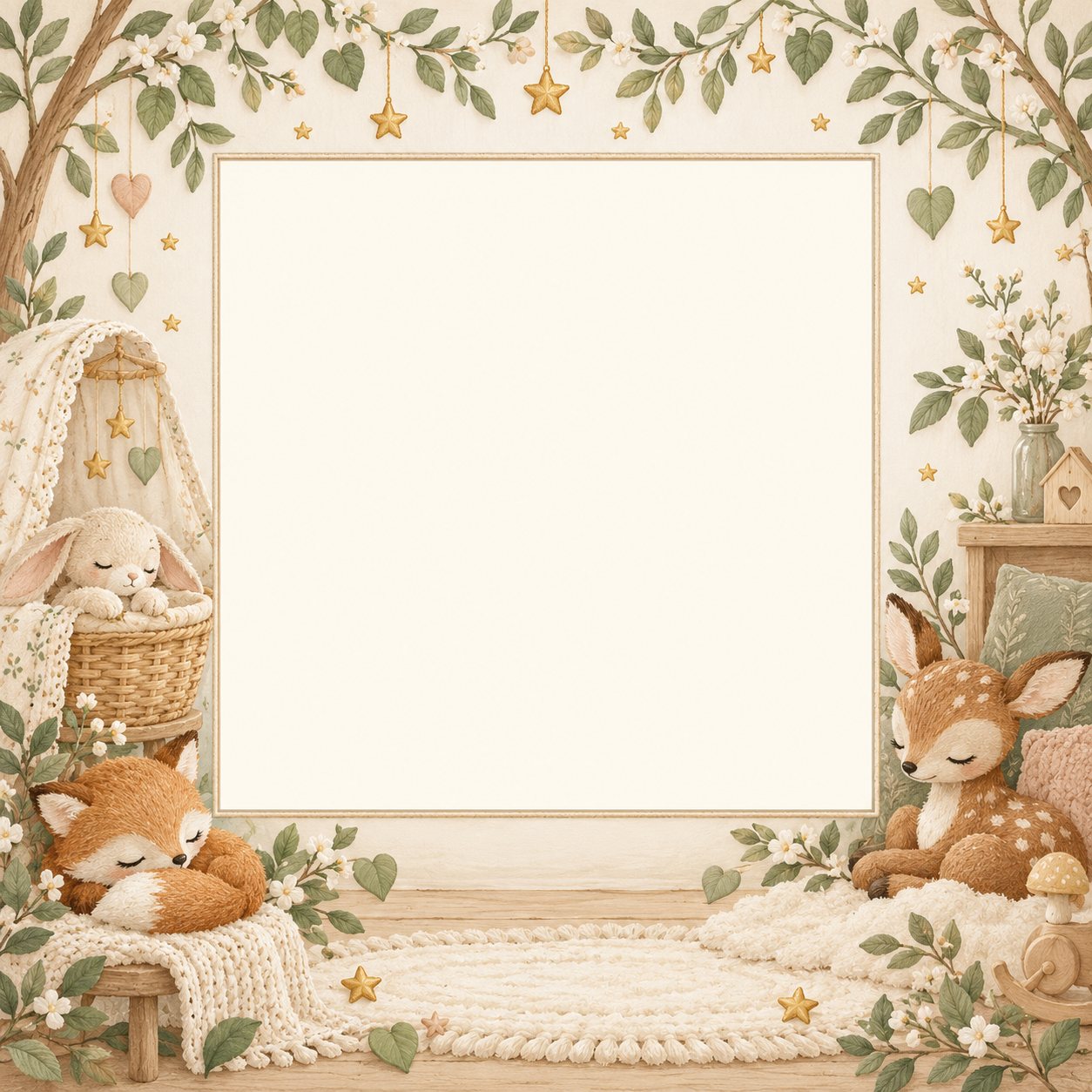 Gentle woodland nursery with sleepy toy animals around a blank square photo opening
