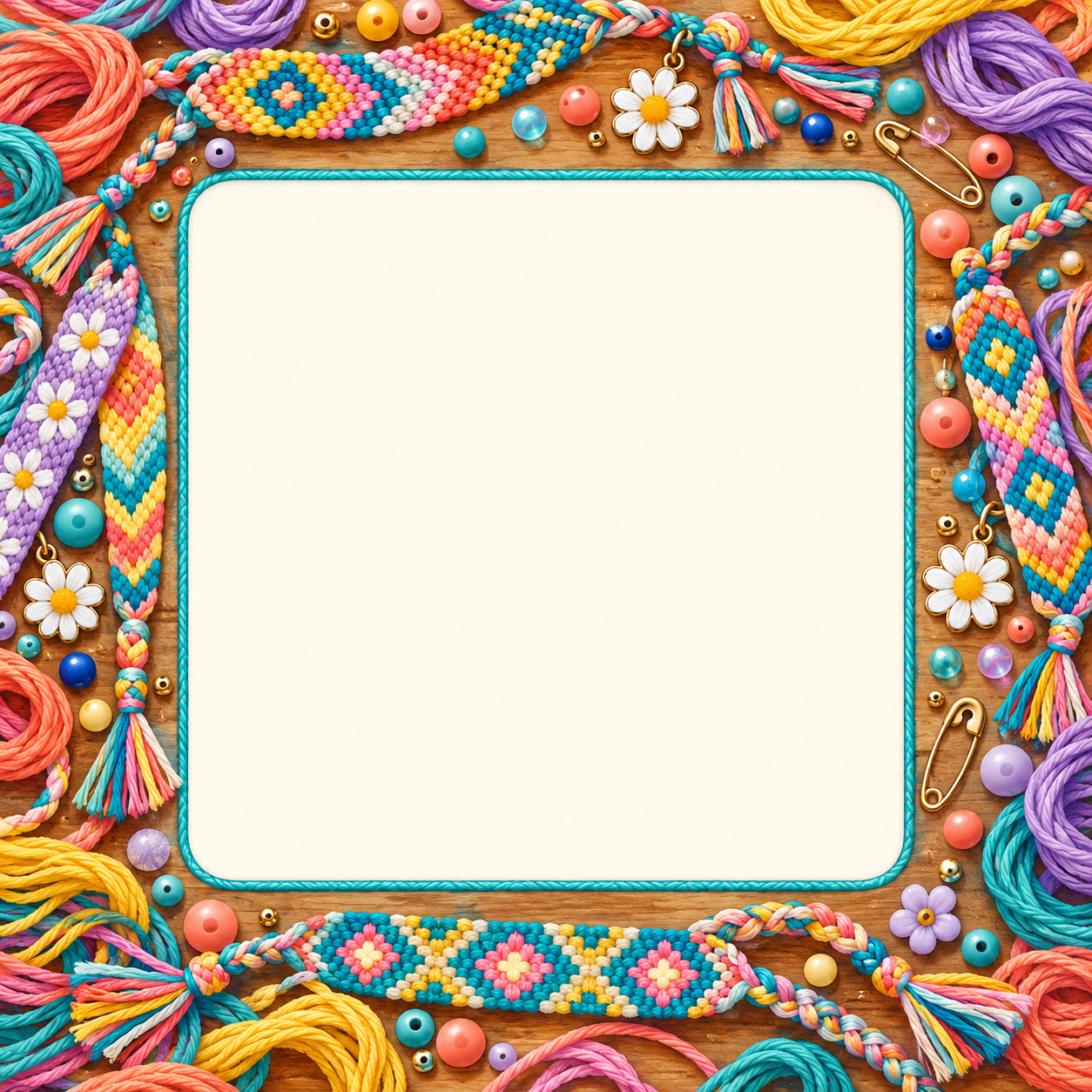 Colourful craft-table frame with friendship bracelets, embroidery threads and beads